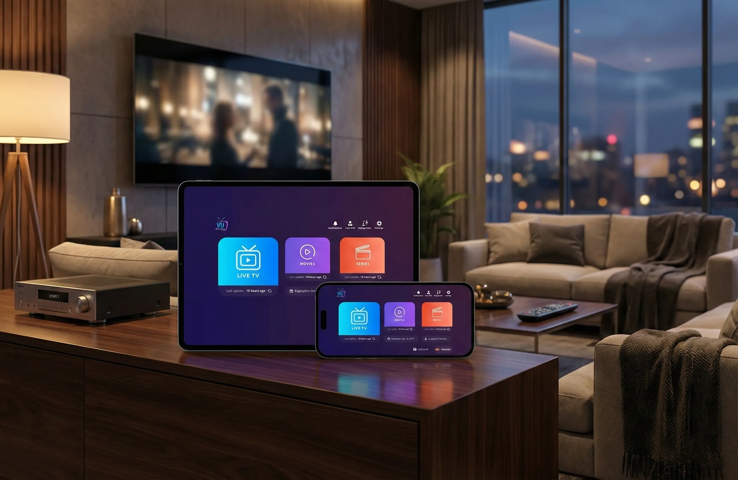 Vu IPTV Player about page interface showing channels and VOD layout